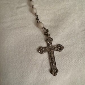 Antique silver Cross Rosary with light grey Beads